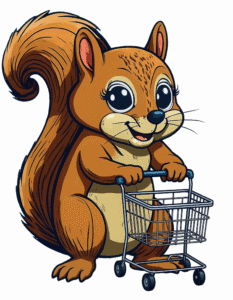 Crunch the Squirrel pushing a shopping cart